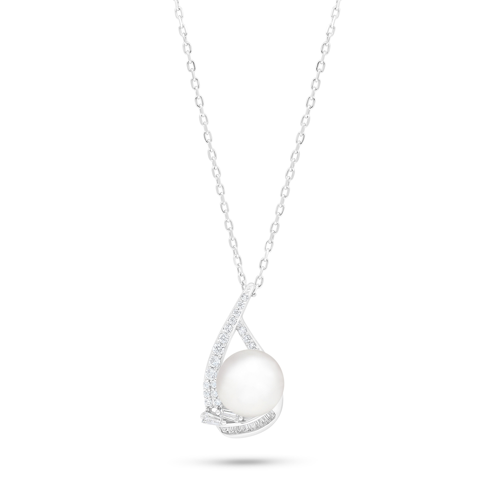 Sterling Silver 925 Necklace Rhodium Plated Embedded With Natural White Pearl And White Zircon