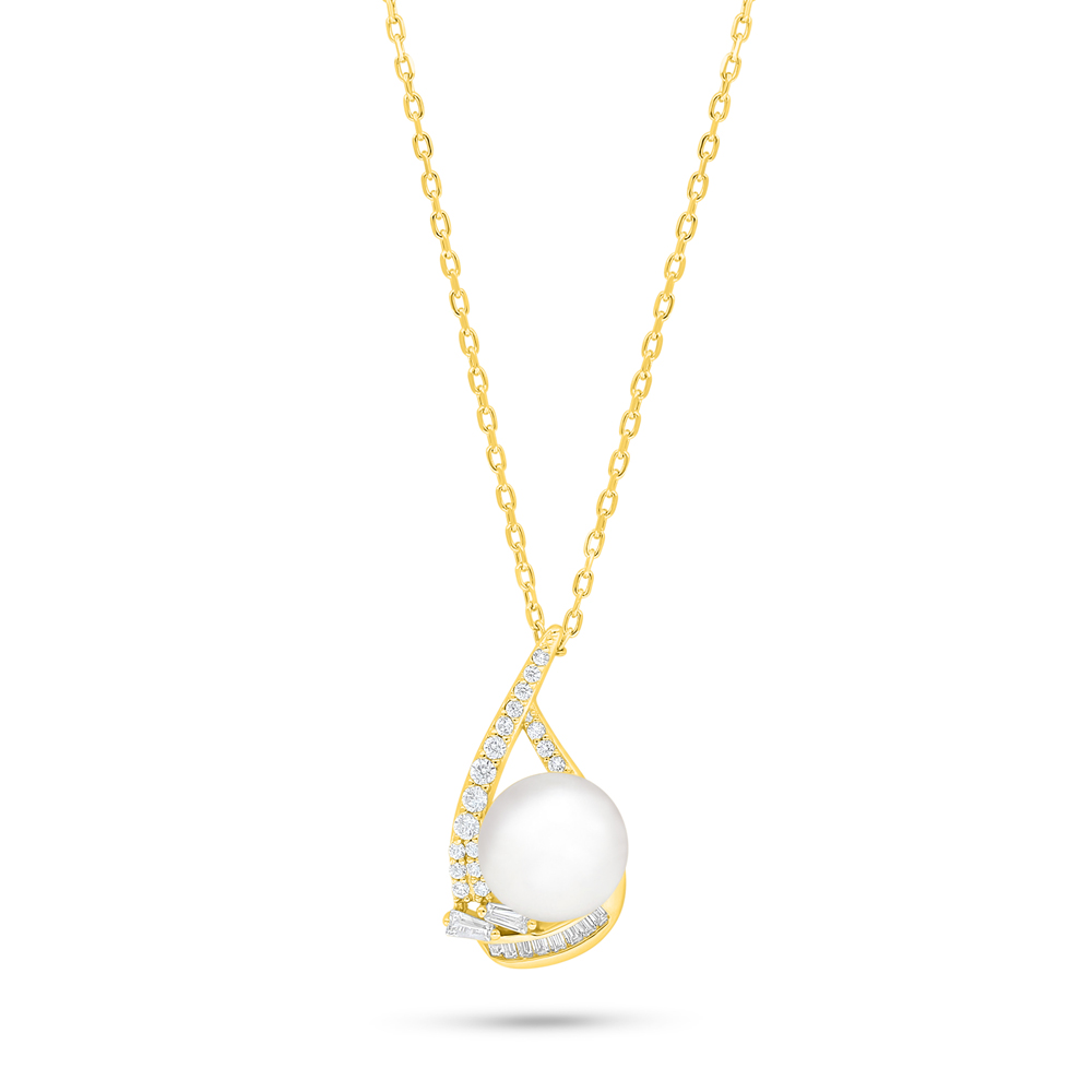 Sterling Silver 925 Necklace Golden Plated Embedded With Natural White Pearl And White Zircon