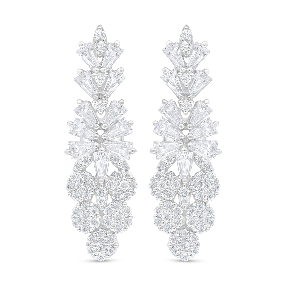 Sterling Silver 925 Earring Rhodium Plated Embedded With White Zircon