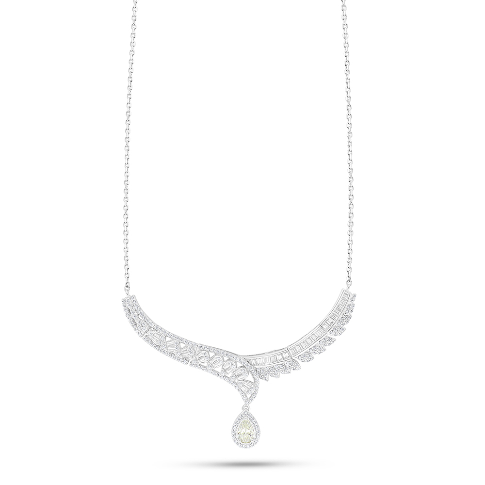 Sterling Silver 925 Necklace Rhodium Plated Embedded With Yellow Diamond And White Zircon