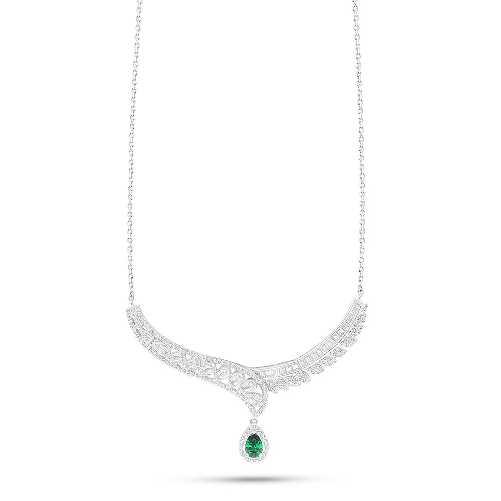 Sterling Silver 925 Necklace Rhodium Plated Embedded With Emerald Zircon And White Zircon