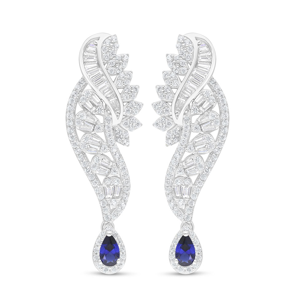 Sterling Silver 925 Earring Rhodium Plated Embedded With Sapphire Corundum And White Zircon