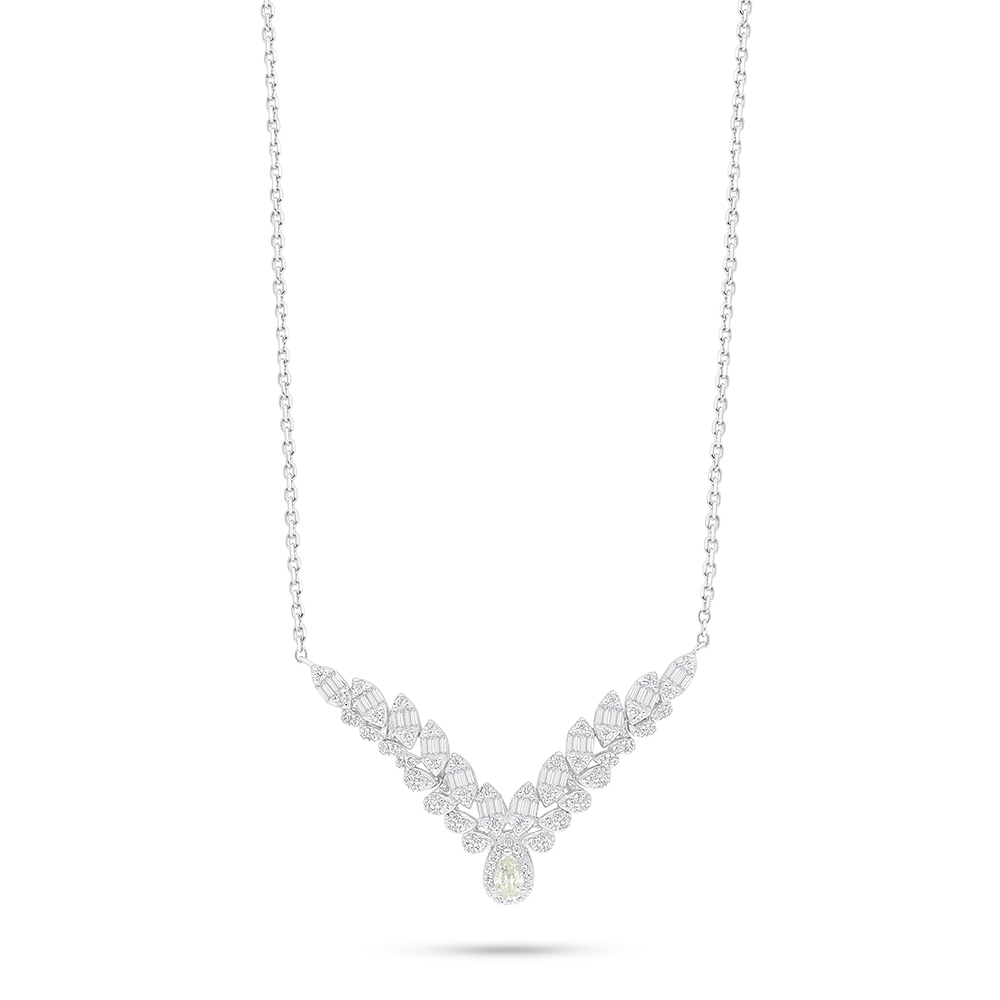 Sterling Silver 925 Necklace Rhodium Plated Embedded With Yellow Diamond And White Zircon