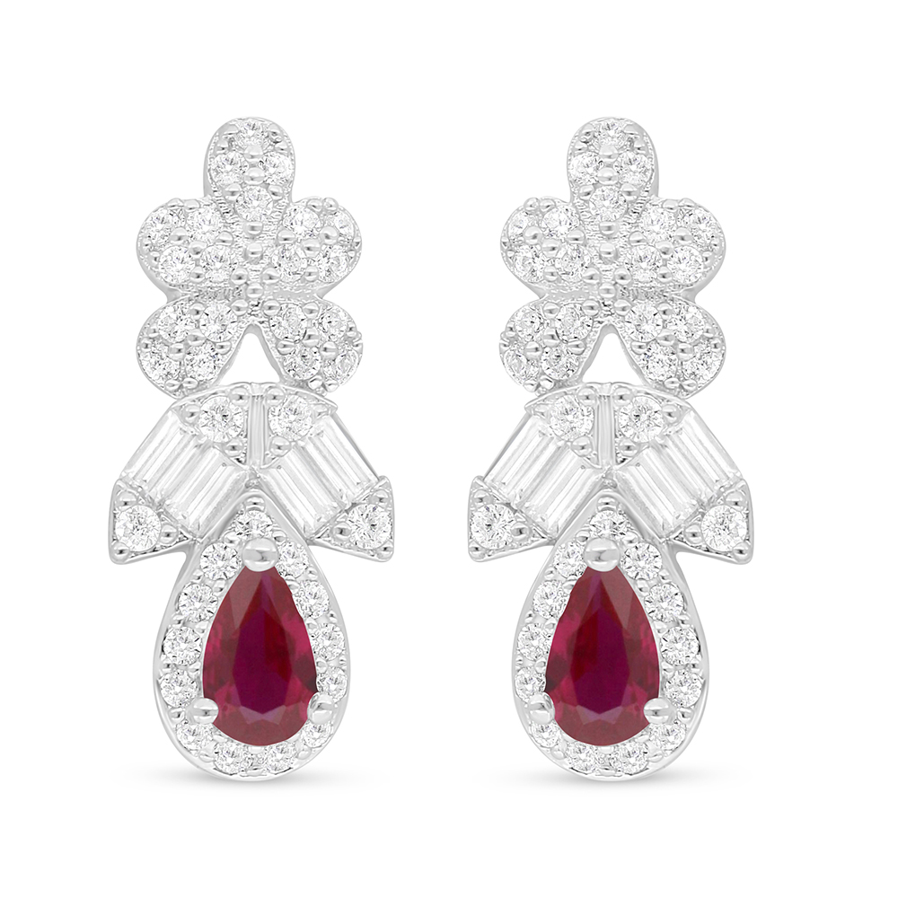 Sterling Silver 925 Earring Rhodium Plated Embedded With Ruby Corundum And White Zircon