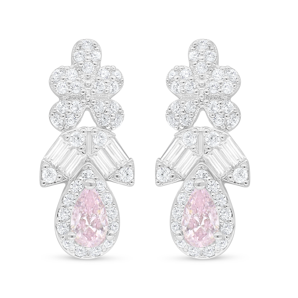 Sterling Silver 925 Earring Rhodium Plated Embedded With Pink Zircon And White Zircon