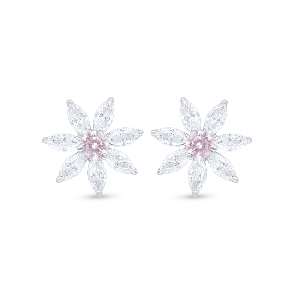 Sterling Silver 925 Earring Rhodium Plated Embedded With Pink Zircon And White Zircon