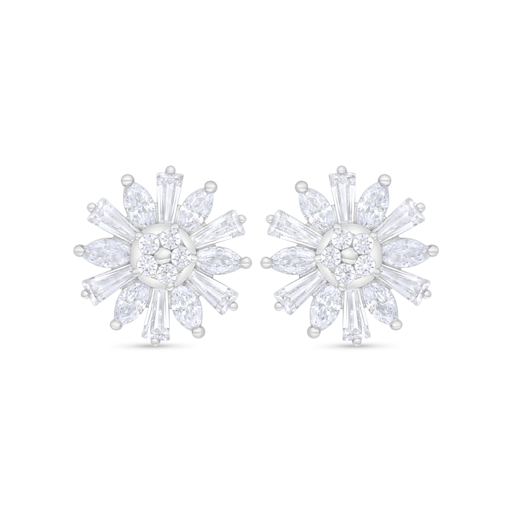 Sterling Silver 925 Earring Rhodium Plated Embedded With White Zircon