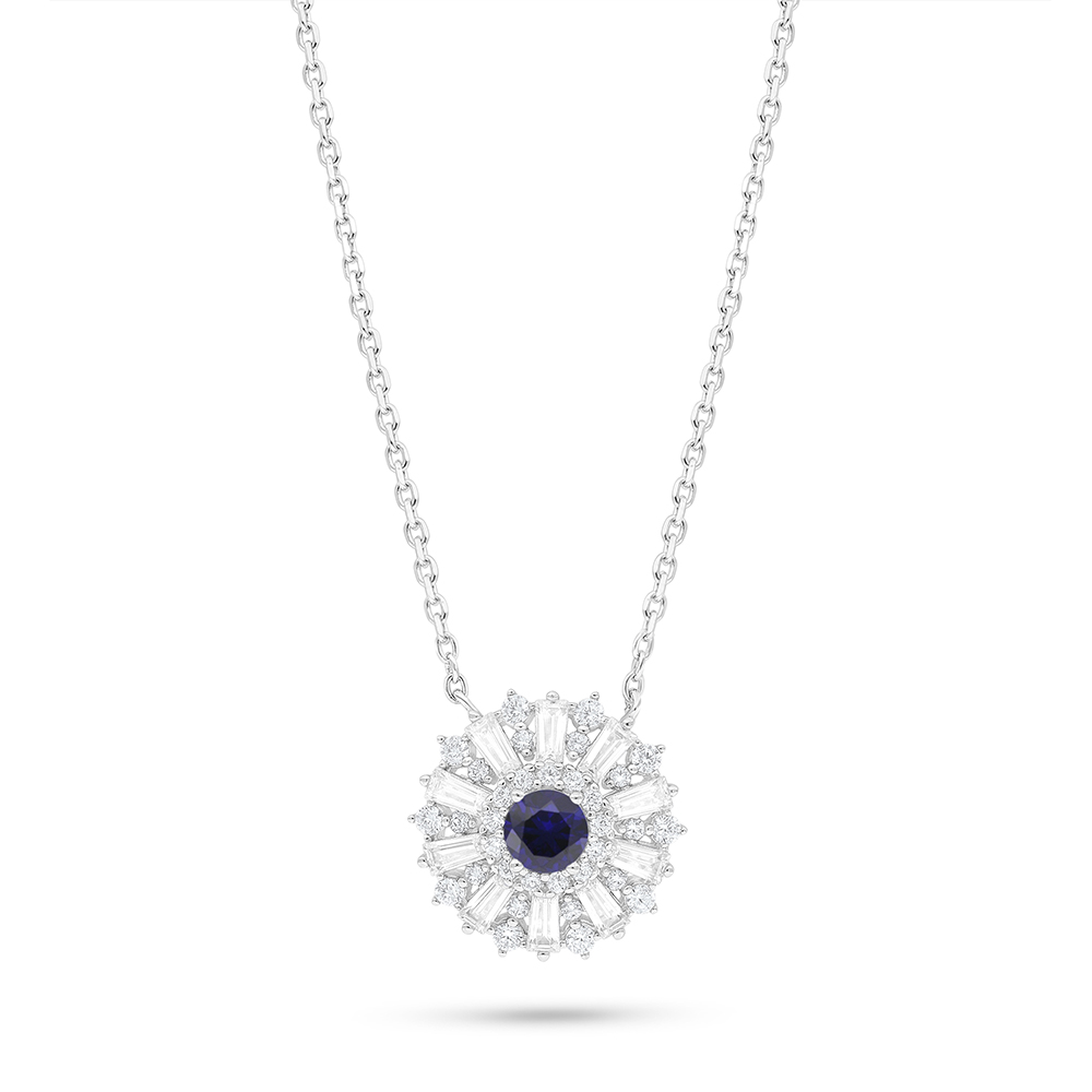 Sterling Silver 925 Necklace Rhodium Plated Embedded With Sapphire Corundum And White Zircon