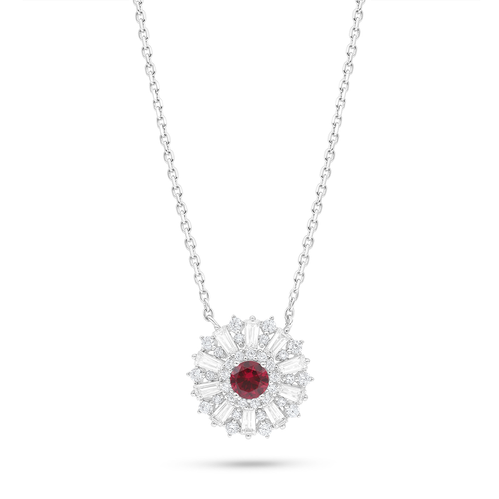 Sterling Silver 925 Necklace Rhodium Plated Embedded With Ruby Corundum And White Zircon