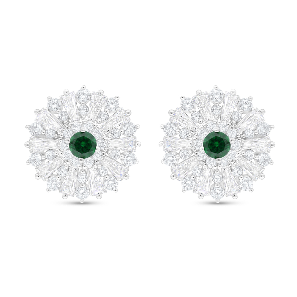 Sterling Silver 925 Earring Rhodium Plated Embedded With Emerald Zircon And White Zircon