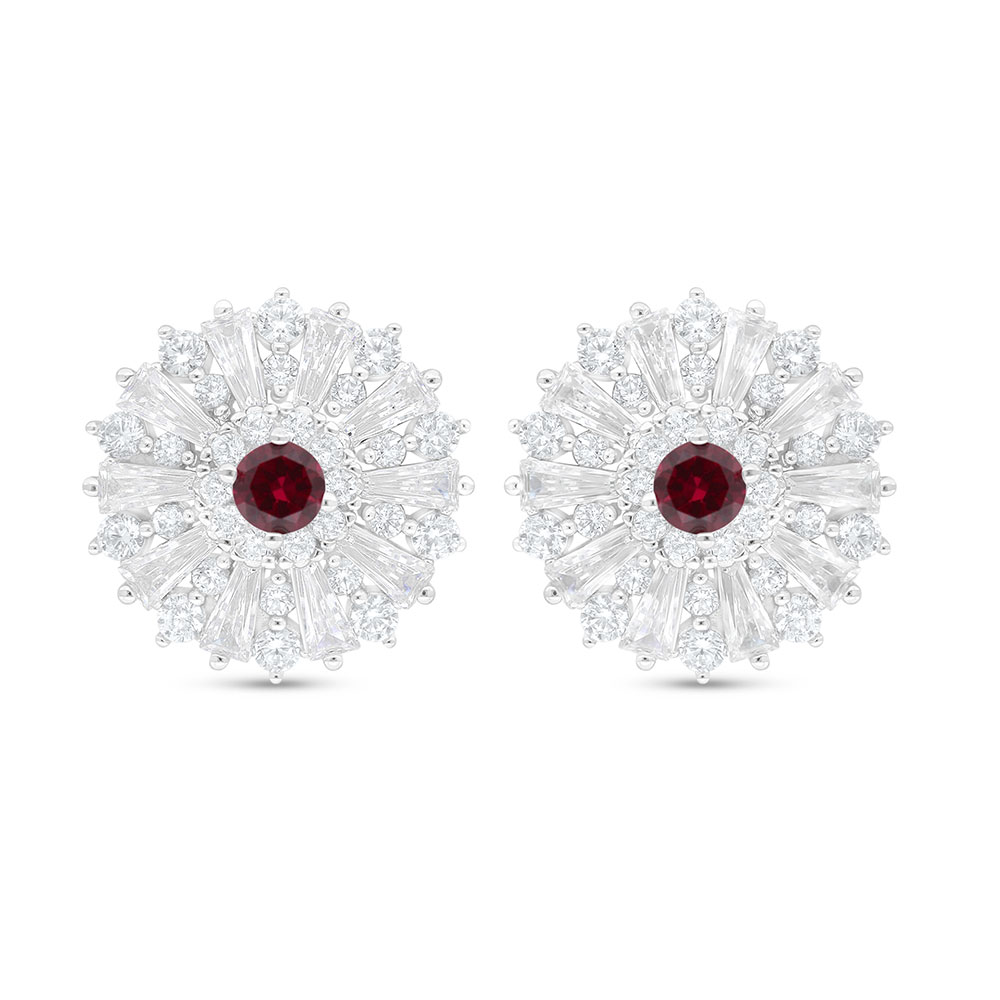 Sterling Silver 925 Earring Rhodium Plated Embedded With Ruby Corundum And White Zircon