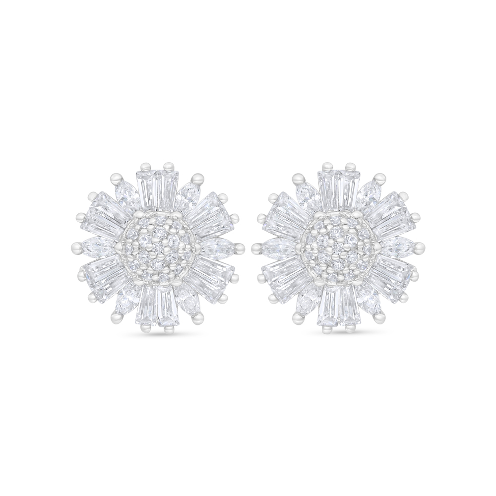 Sterling Silver 925 Earring Rhodium Plated Embedded With White Zircon