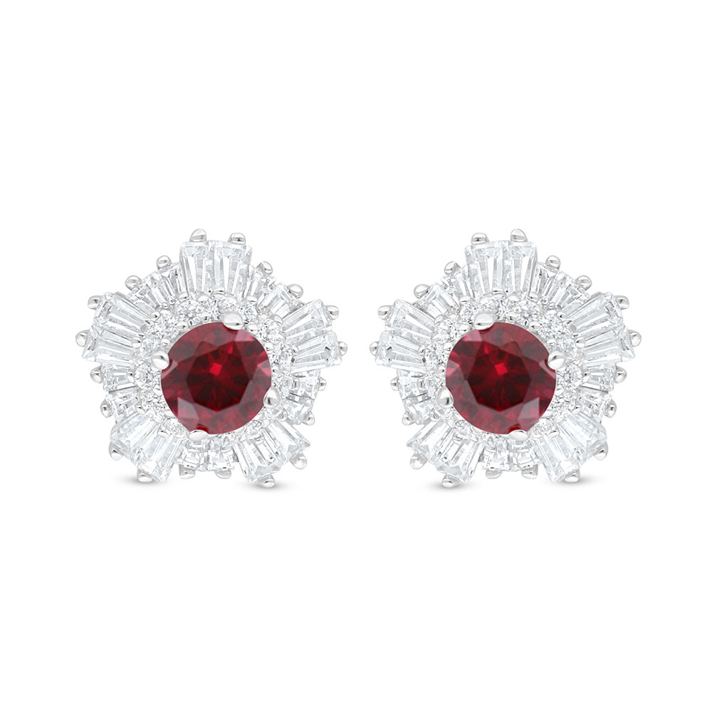 Sterling Silver 925 Earring Rhodium Plated Embedded With Ruby Corundum And White Zircon