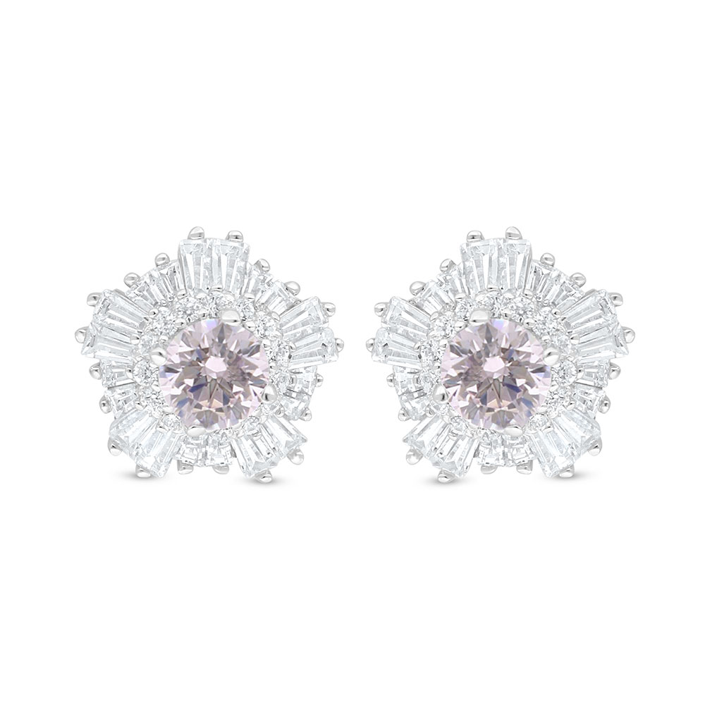 Sterling Silver 925 Earring Rhodium Plated Embedded With Pink Zircon And White Zircon