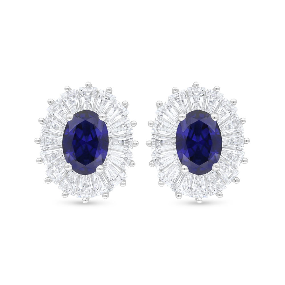 Sterling Silver 925 Earring Rhodium Plated Embedded With Sapphire Corundum And White Zircon