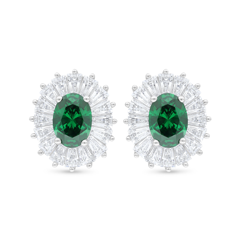 Sterling Silver 925 Earring Rhodium Plated Embedded With Emerald Zircon And White Zircon