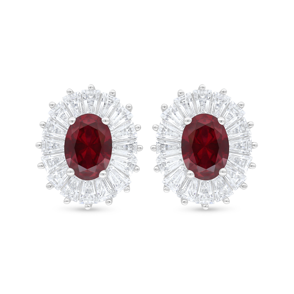 Sterling Silver 925 Earring Rhodium Plated Embedded With Ruby Corundum And White Zircon