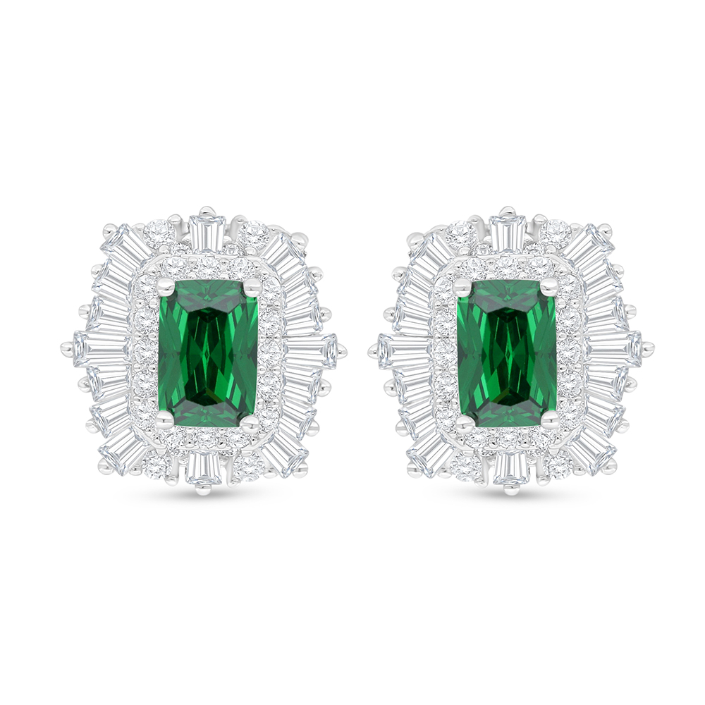 Sterling Silver 925 Earring Rhodium Plated Embedded With Emerald Zircon And White Zircon