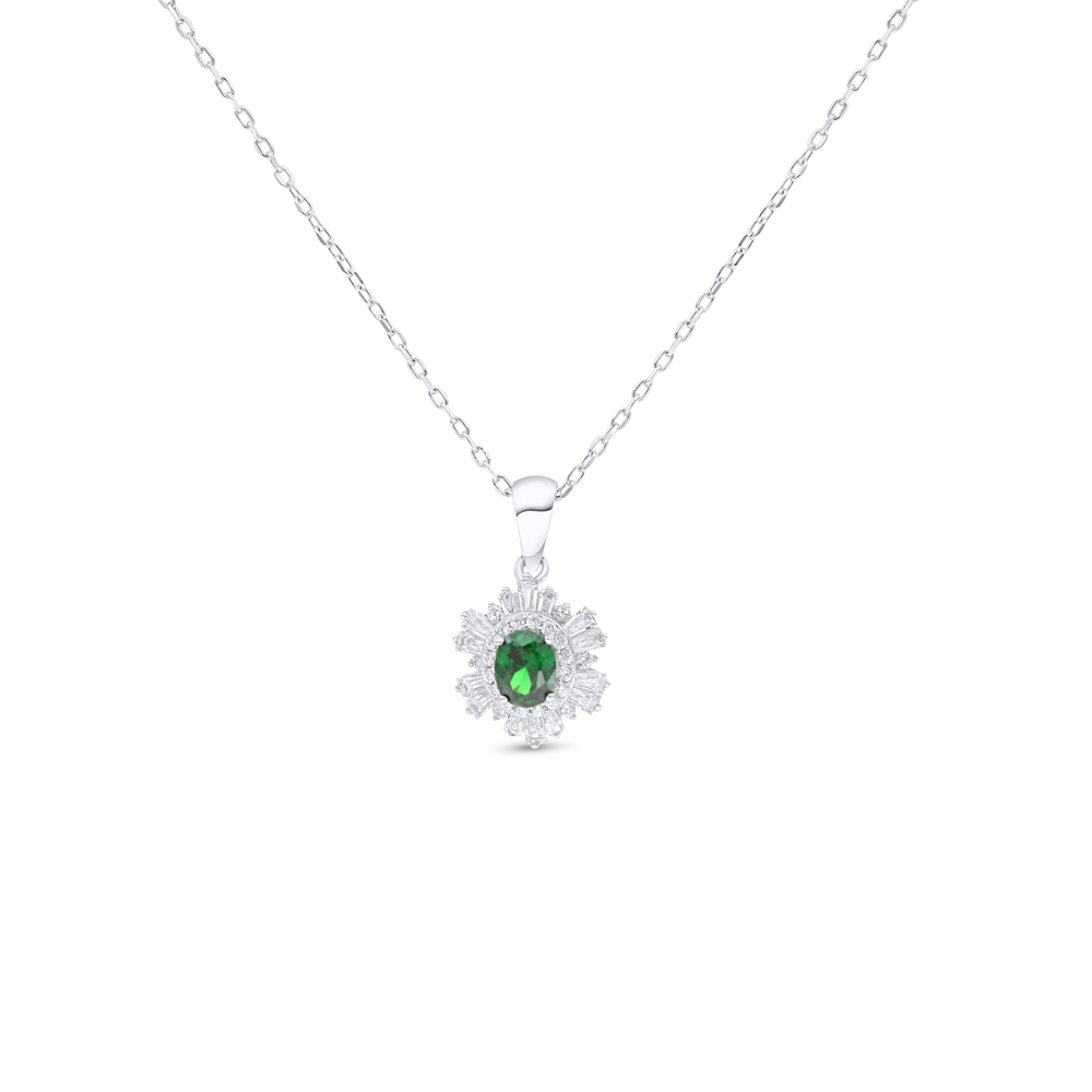 Sterling Silver 925 Necklace Rhodium Plated Embedded With Emerald Zircon And White Zircon