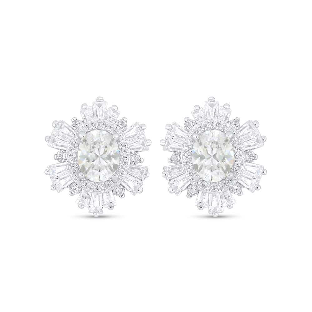 Sterling Silver 925 Earring Rhodium Plated Embedded With White Zircon