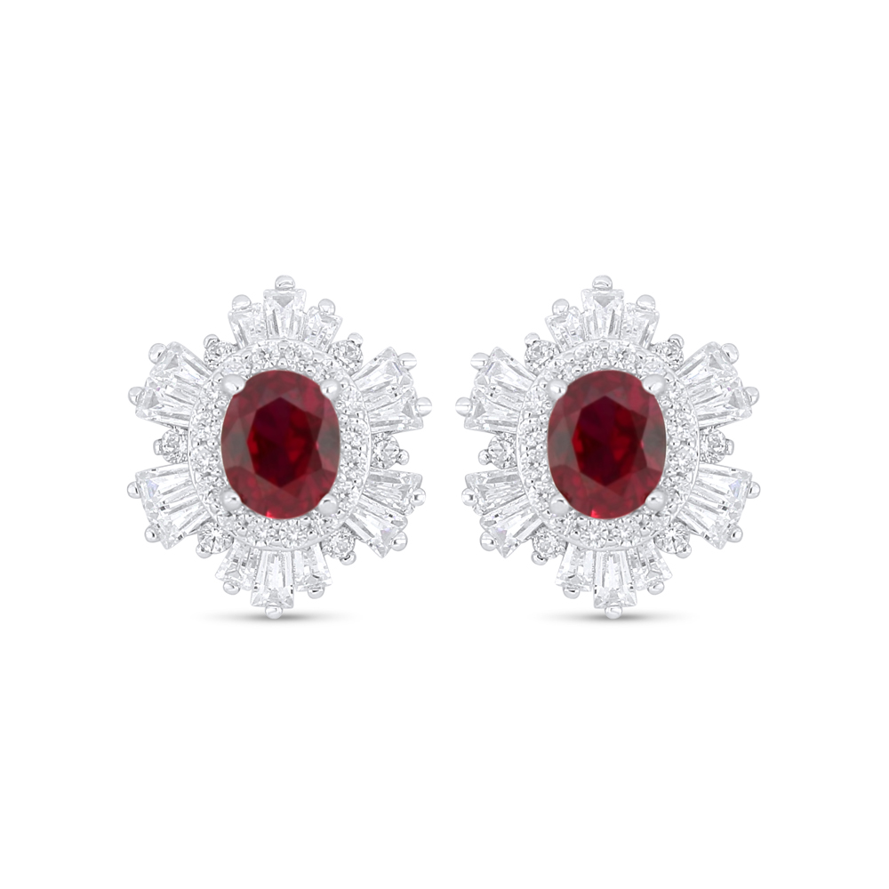 Sterling Silver 925 Earring Rhodium Plated Embedded With Ruby Corundum And White Zircon