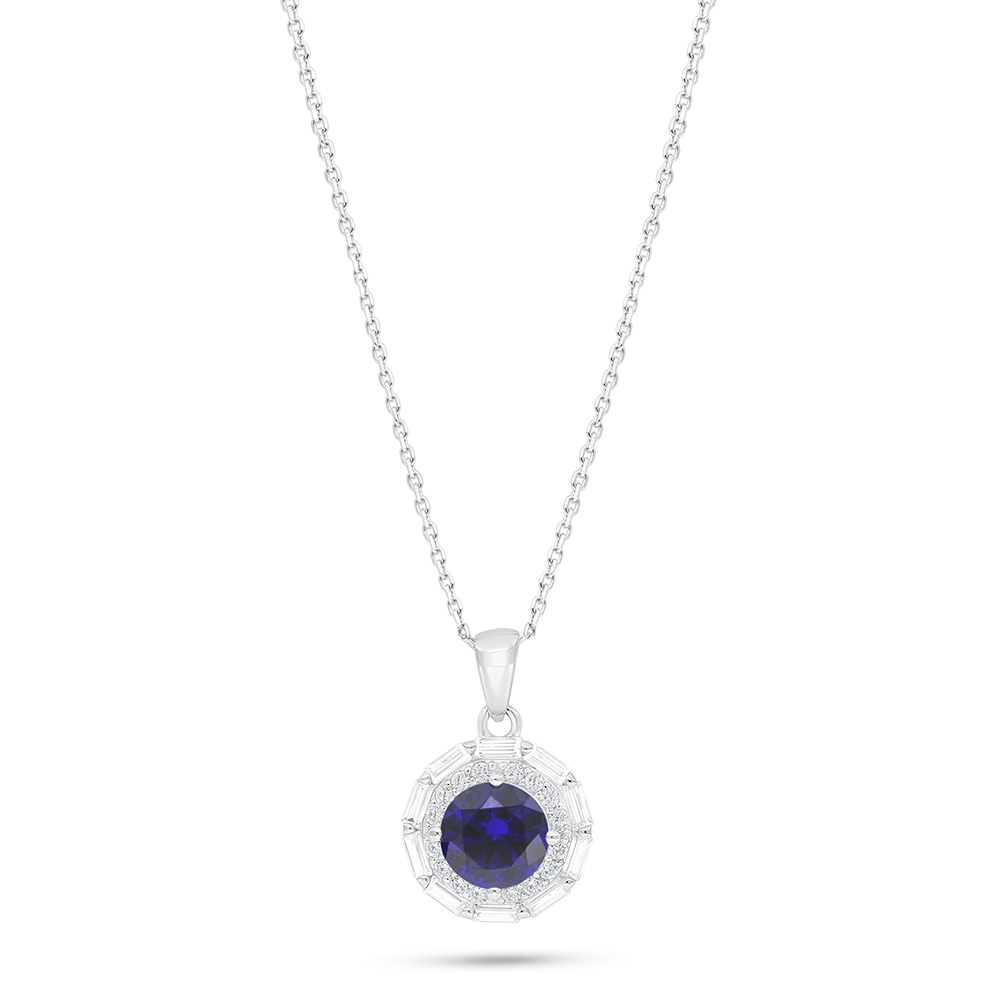 Sterling Silver 925 Necklace Rhodium Plated Embedded With Sapphire Corundum And White Zircon