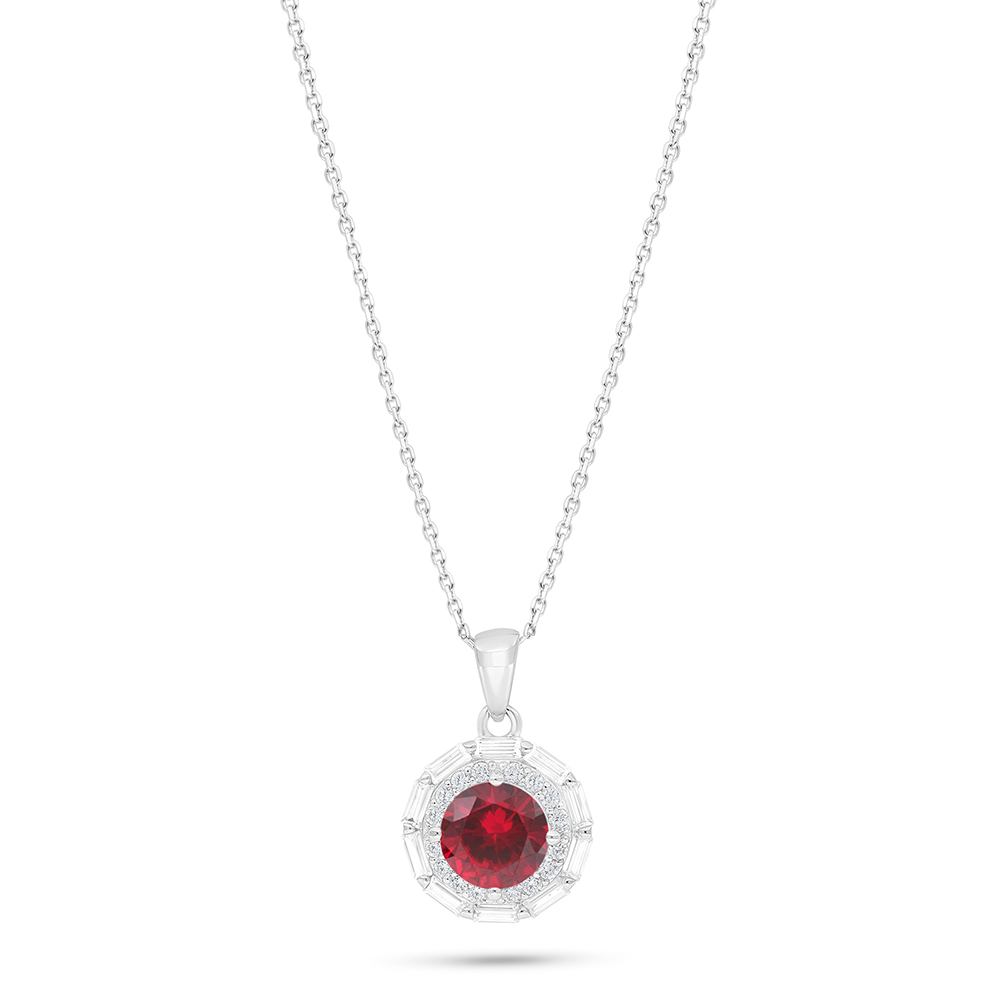 Sterling Silver 925 Necklace Rhodium Plated Embedded With Ruby Corundum And White Zircon