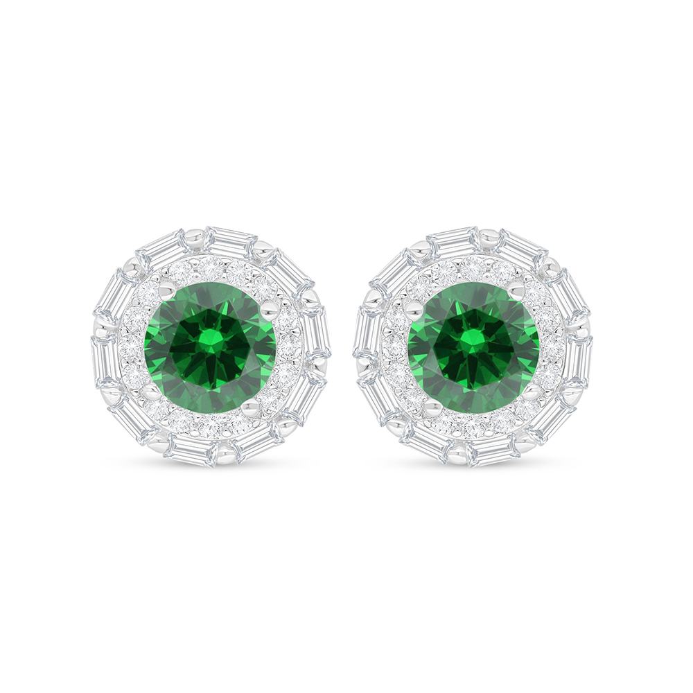 Sterling Silver 925 Earring Rhodium Plated Embedded With Emerald Zircon And White Zircon