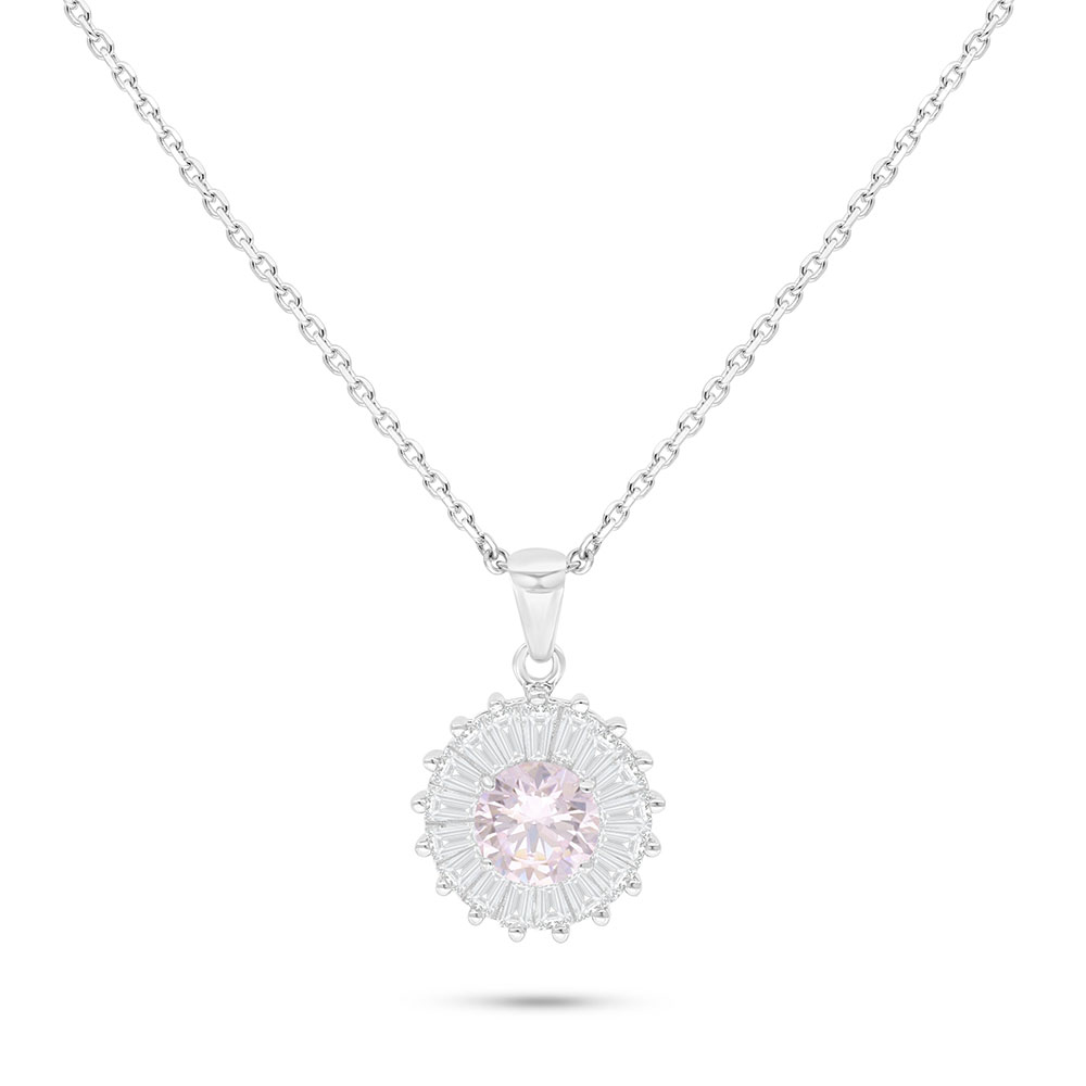 Sterling Silver 925 Necklace Rhodium Plated Embedded With Pink Zircon And White Zircon