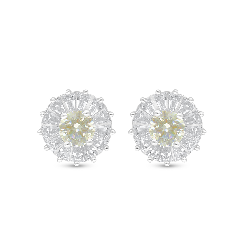 Sterling Silver 925 Earring Rhodium Plated Embedded With Yellow Diamond And White Zircon