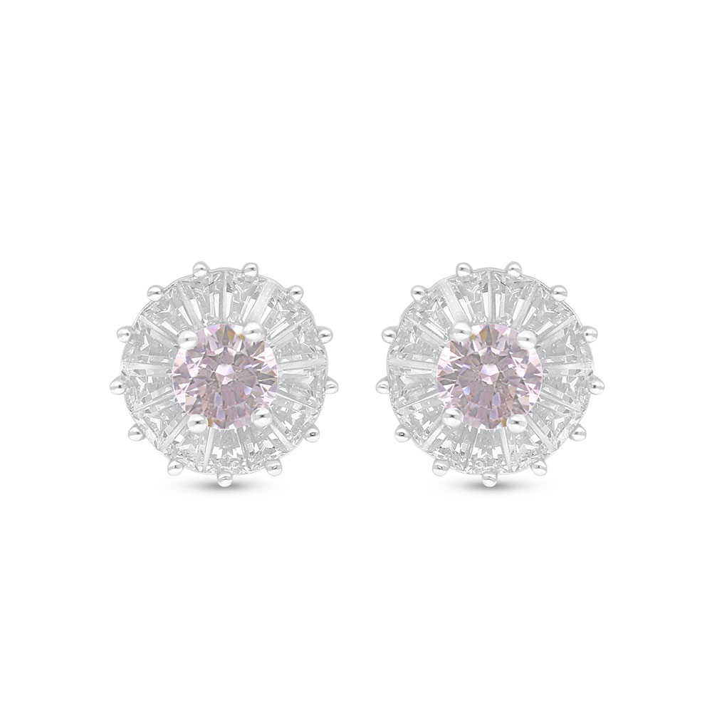 Sterling Silver 925 Earring Rhodium Plated Embedded With Pink Zircon And White Zircon