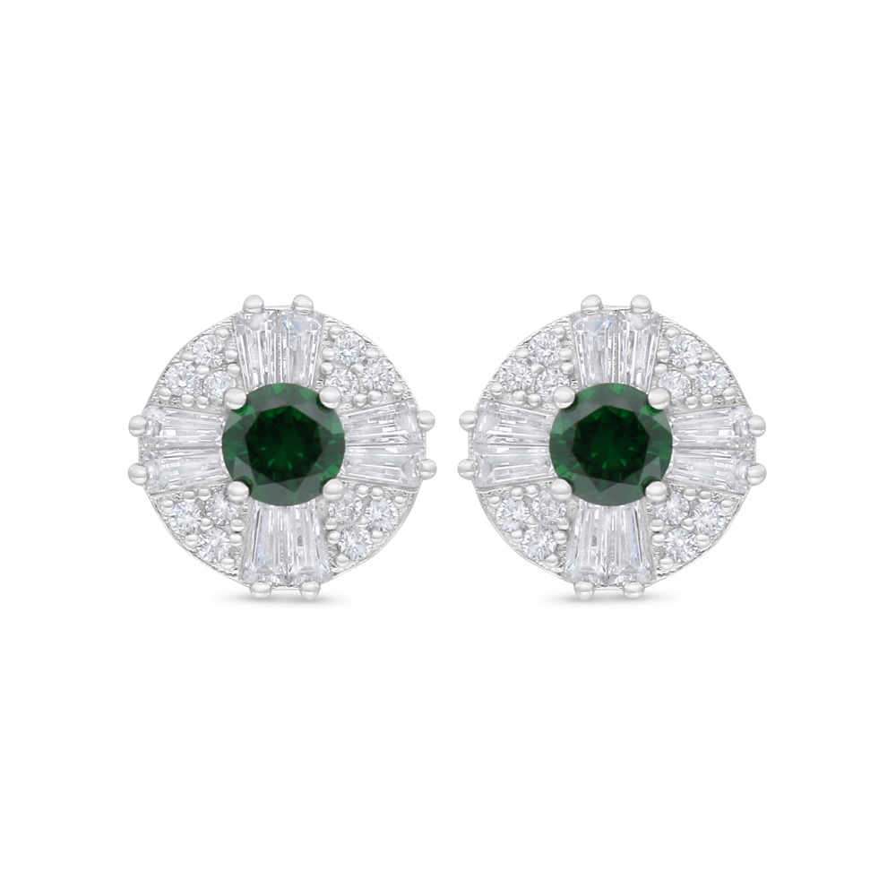 Sterling Silver 925 Earring Rhodium Plated Embedded With Emerald Zircon And White Zircon