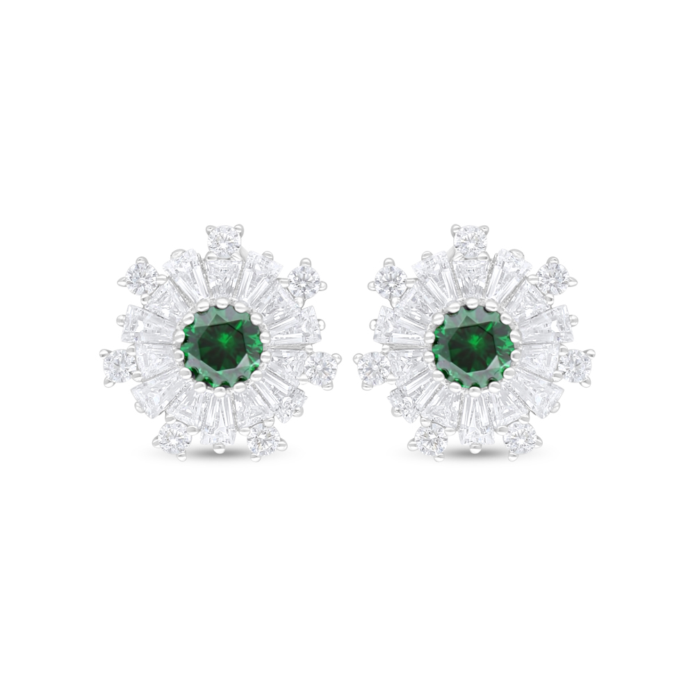 Sterling Silver 925 Earring Rhodium Plated Embedded With Emerald Zircon And White Zircon