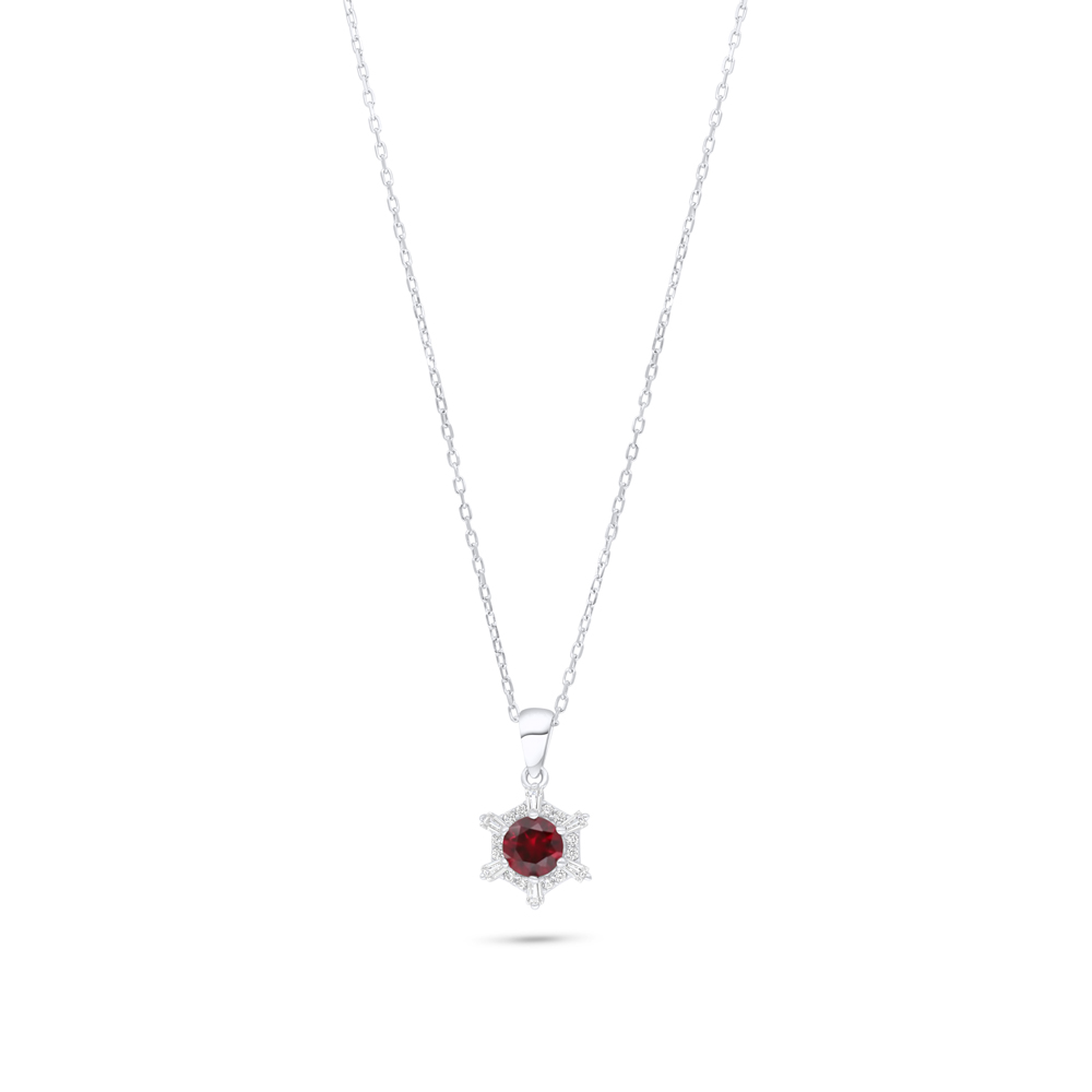 Sterling Silver 925 Necklace Rhodium Plated Embedded With Ruby Corundum And White Zircon