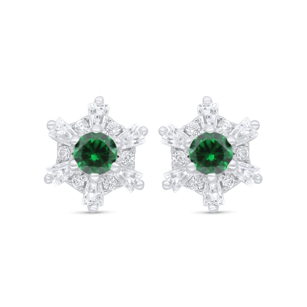 Sterling Silver 925 Earring Rhodium Plated Embedded With Emerald Zircon And White Zircon