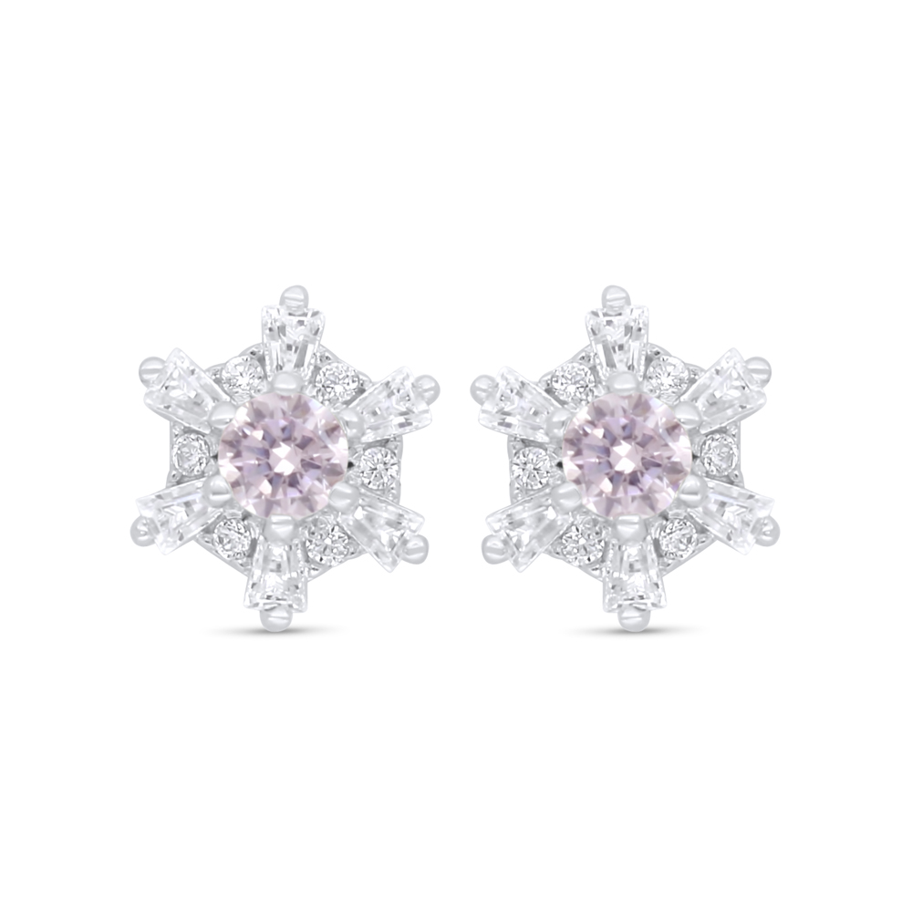 Sterling Silver 925 Earring Rhodium Plated Embedded With Pink Zircon And White Zircon