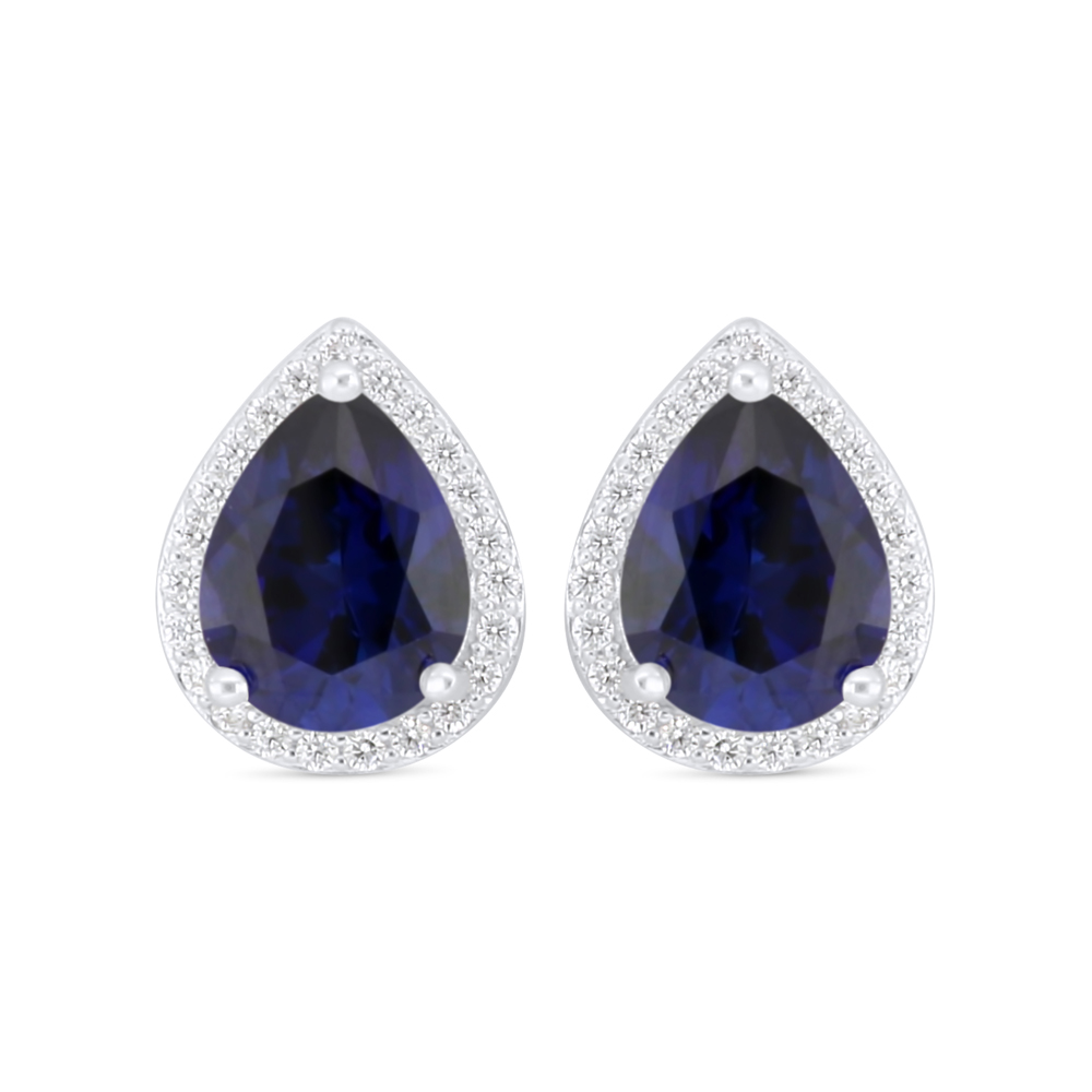 Sterling Silver 925 Earring Rhodium Plated Embedded With Sapphire Corundum And White Zircon