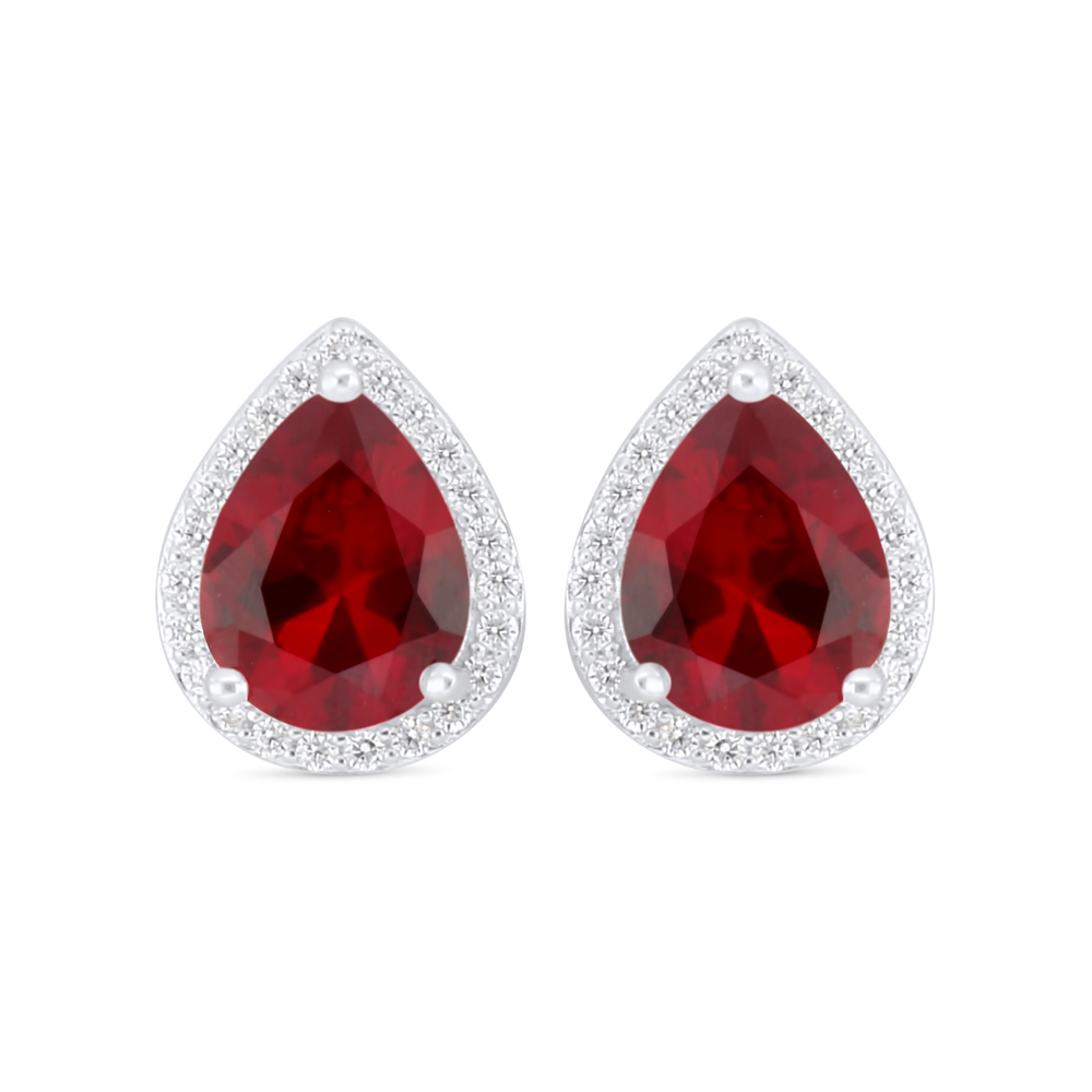 Sterling Silver 925 Earring Rhodium Plated Embedded With Ruby Corundum And White Zircon