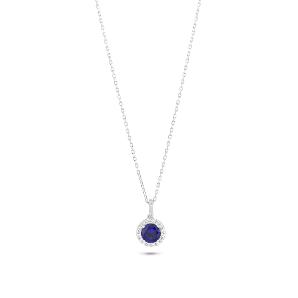 Sterling Silver 925 Necklace Rhodium Plated Embedded With Sapphire Corundum And White Zircon