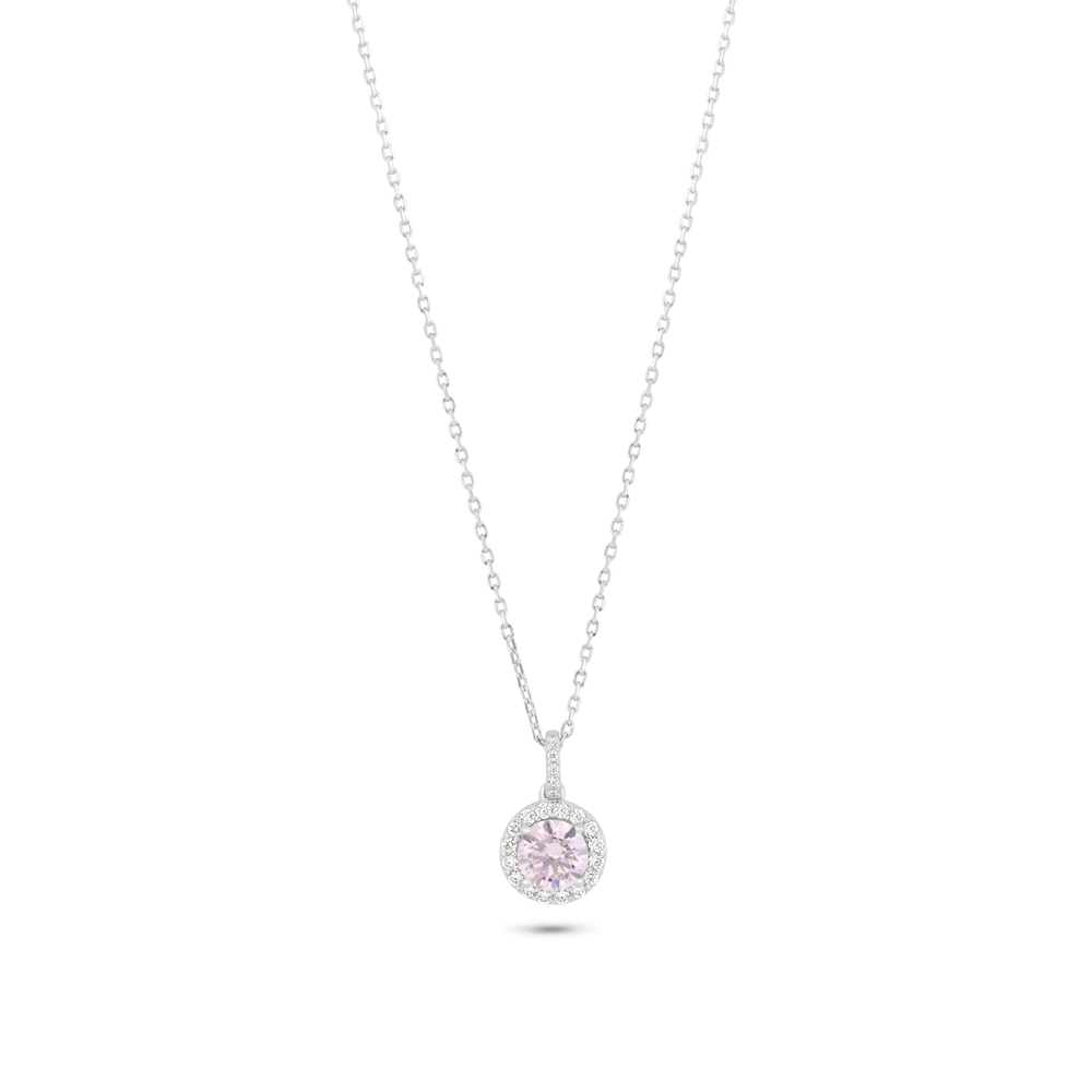 Sterling Silver 925 Necklace Rhodium Plated Embedded With Pink Zircon And White Zircon