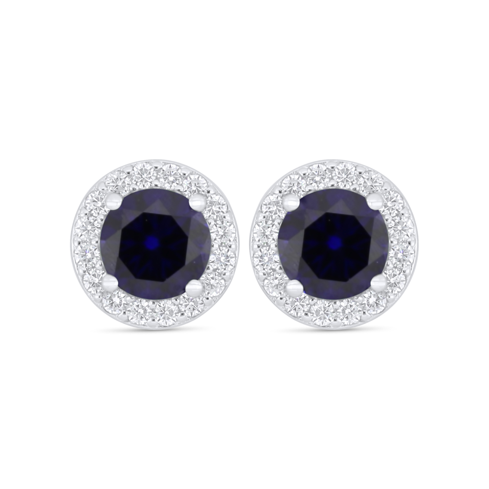 Sterling Silver 925 Earring Rhodium Plated Embedded With Sapphire Corundum And White Zircon