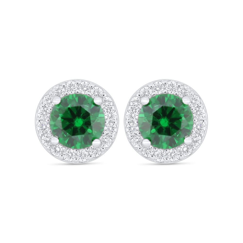 Sterling Silver 925 Earring Rhodium Plated Embedded With Emerald Zircon And White Zircon