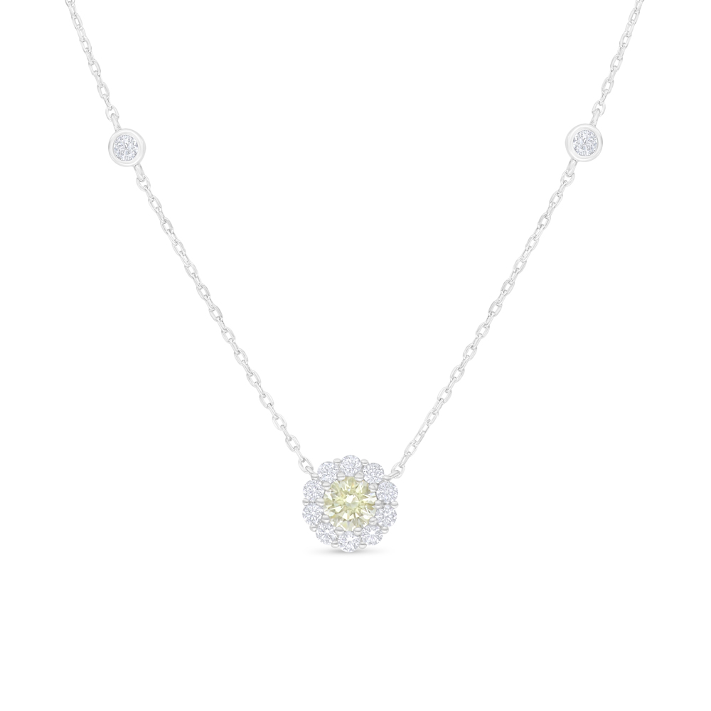 Sterling Silver 925 Necklace Rhodium Plated Embedded With Yellow Diamond And White Zircon