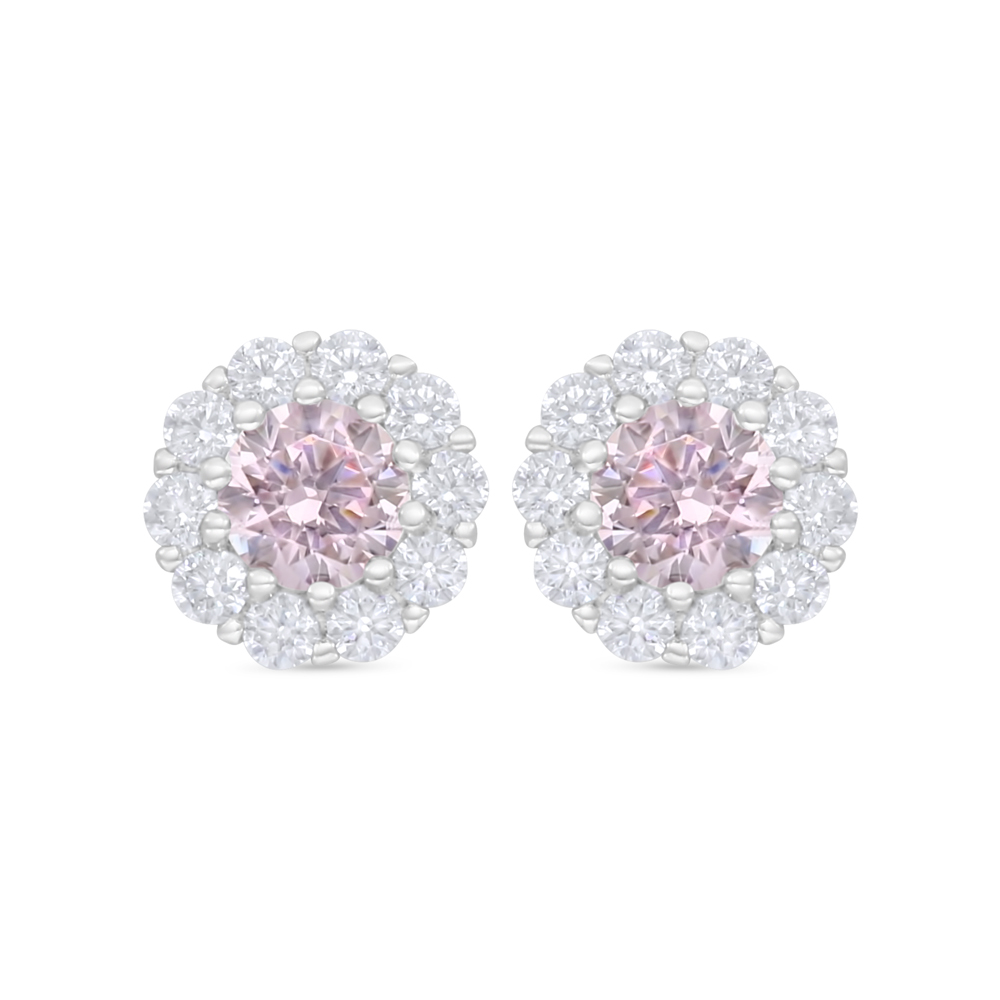 Sterling Silver 925 Earring Rhodium Plated Embedded With Pink Zircon And White Zircon