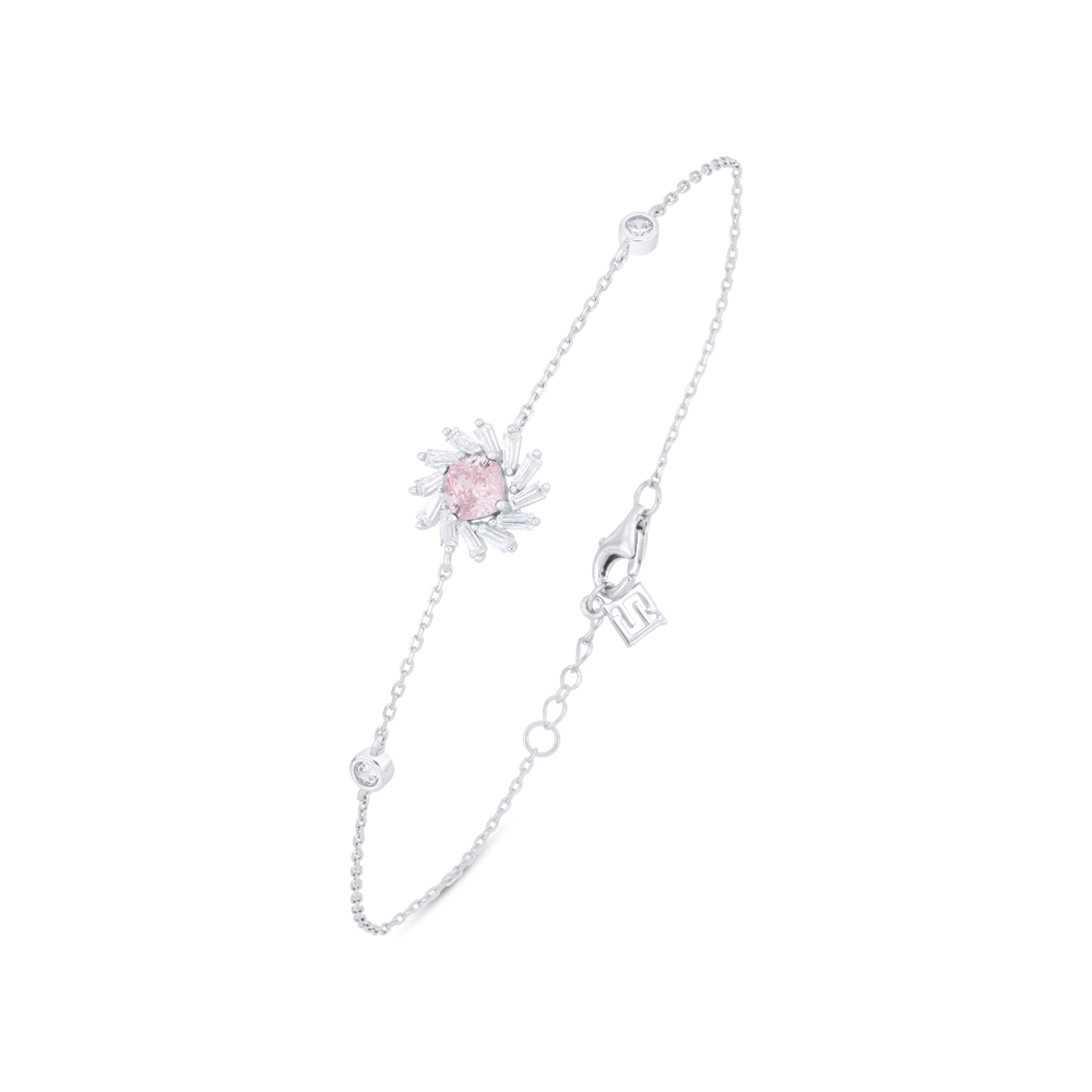 Sterling Silver 925 Bracelet Rhodium Plated Embedded With Pink Zircon And White Zircon