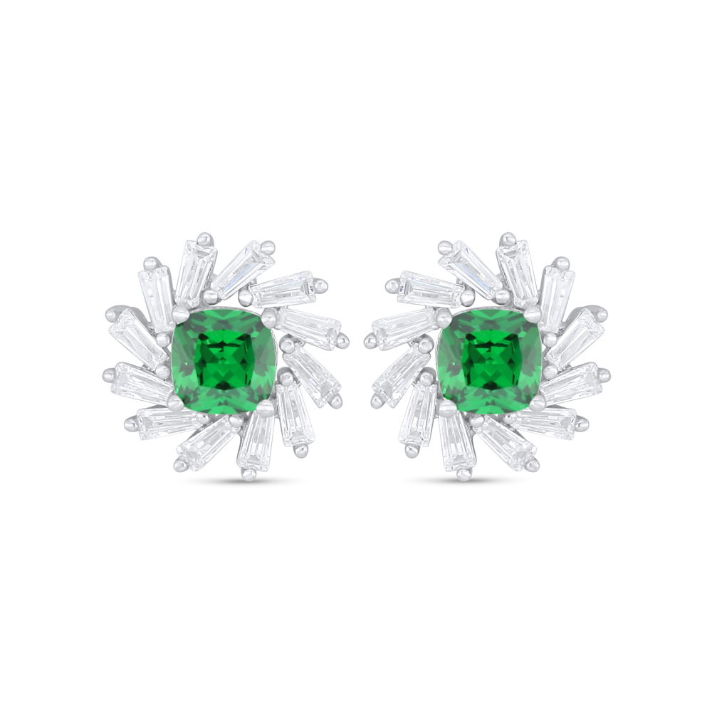 Sterling Silver 925 Earring Rhodium Plated Embedded With Emerald Zircon And White Zircon