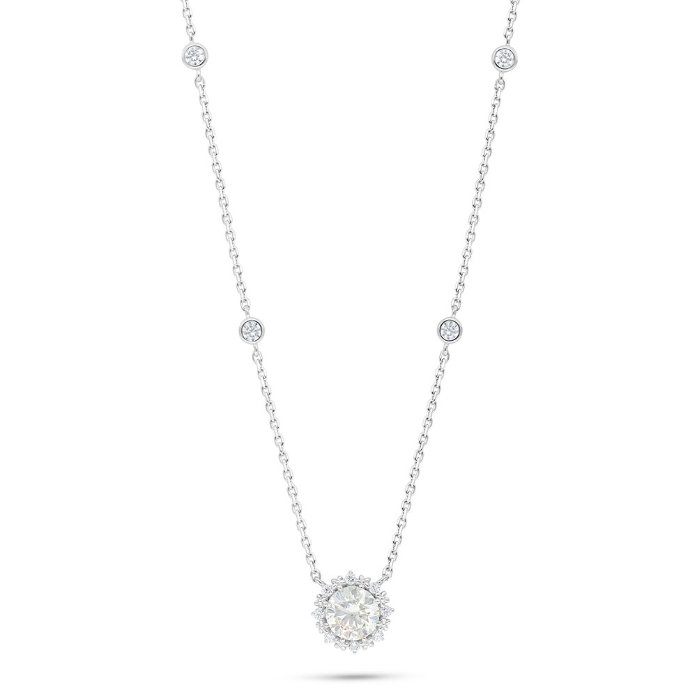 Sterling Silver 925 Necklace Rhodium Plated Embedded With Yellow Diamond And White Zircon