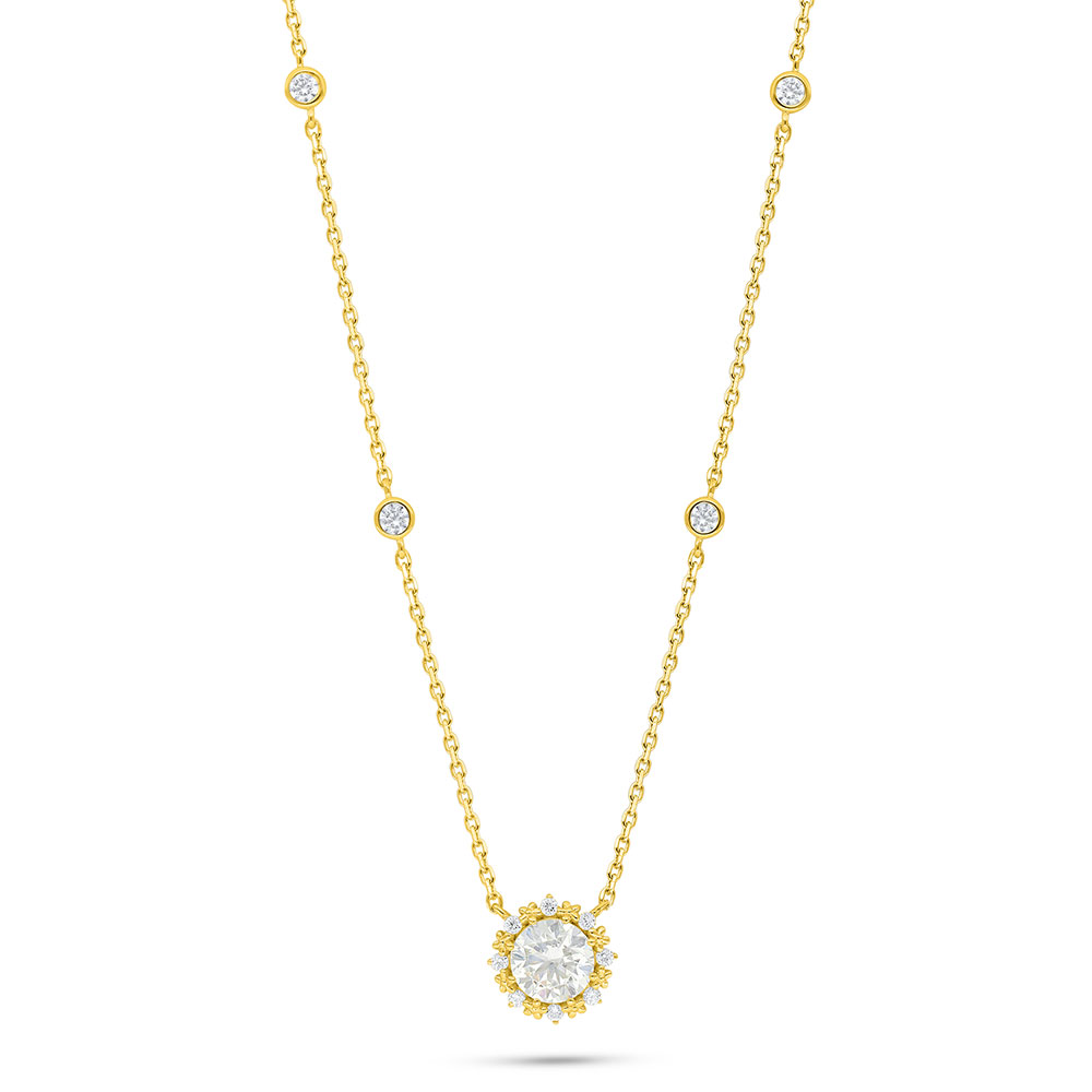 Sterling Silver 925 Necklace Golden Plated Embedded With Yellow Diamond And White Zircon