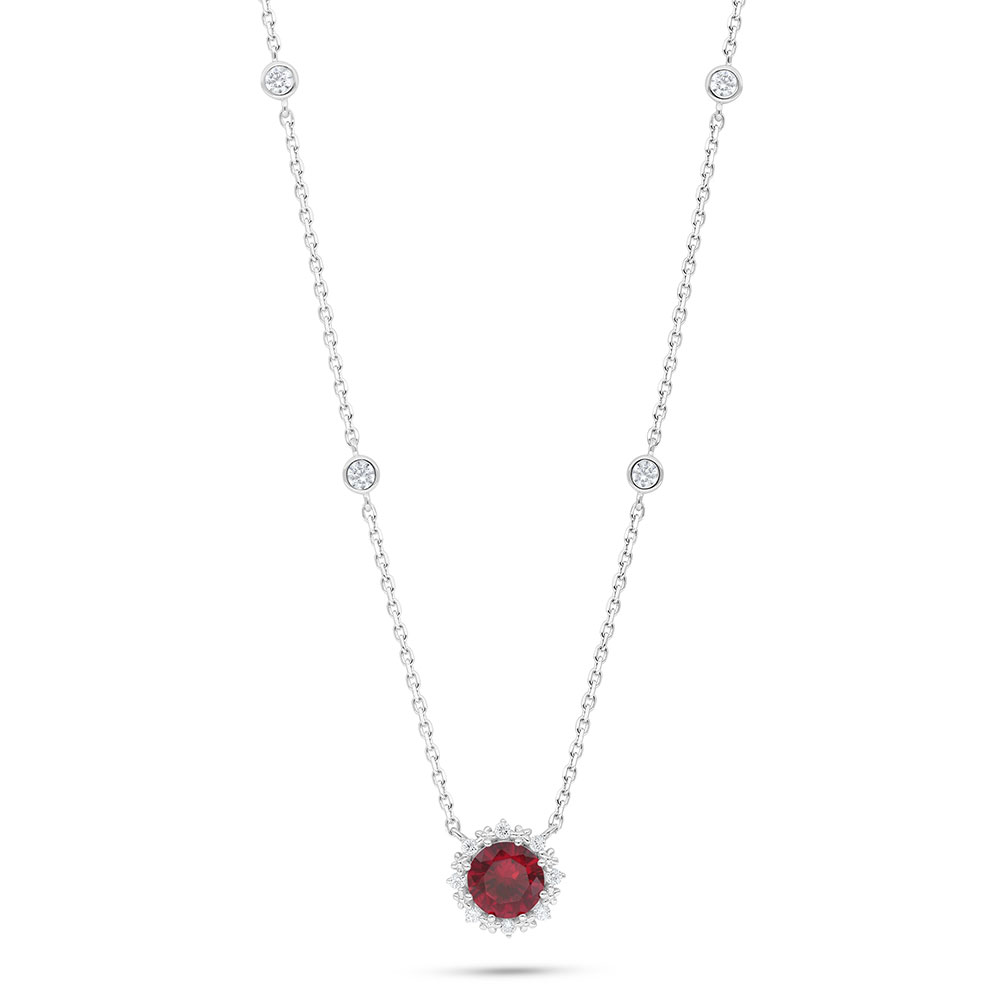 Sterling Silver 925 Necklace Rhodium Plated Embedded With Ruby Corundum And White Zircon