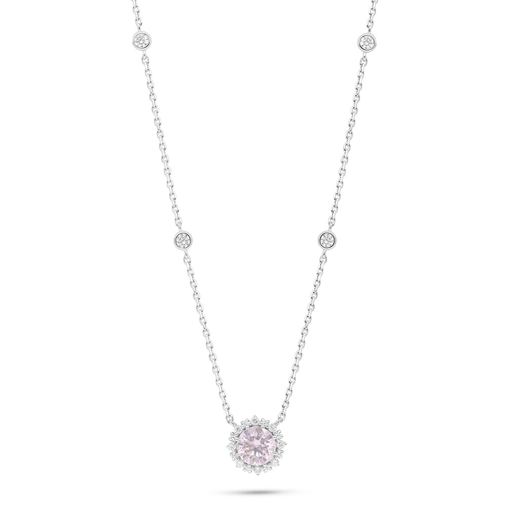 Sterling Silver 925 Necklace Rhodium Plated Embedded With Pink Zircon And White Zircon